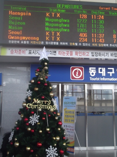 Waiting for my train back to Seoul: no "Happy Holidays" here!  Unique in Asia, Christianity is South Korea's largest religion, with more believers than Buddhism.